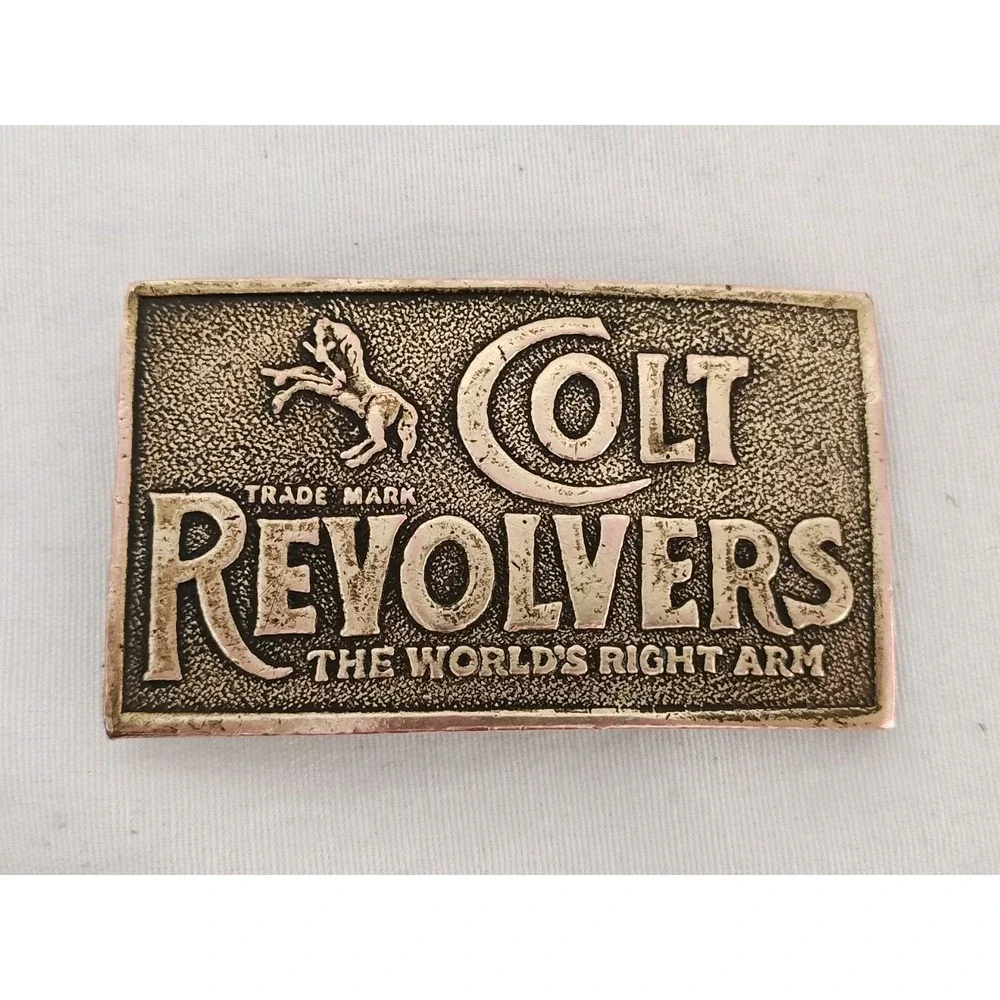 Vintage Bergamot Brass Works Colt Revolvers Worlds Right Arm Brass Belt Buckle - Picture 1 of 6